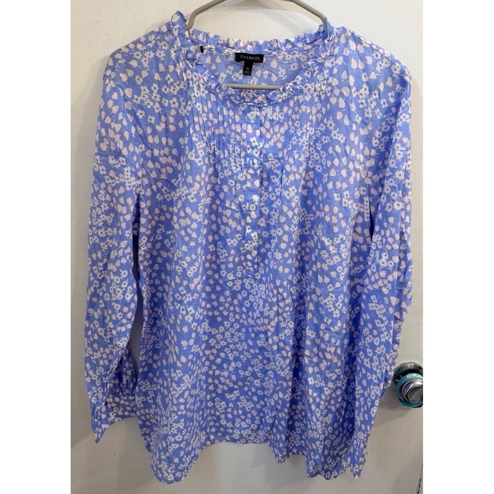 Talbots Women's XL Blue Floral Cotton Woven Long Sleeve Round Neck Blouse